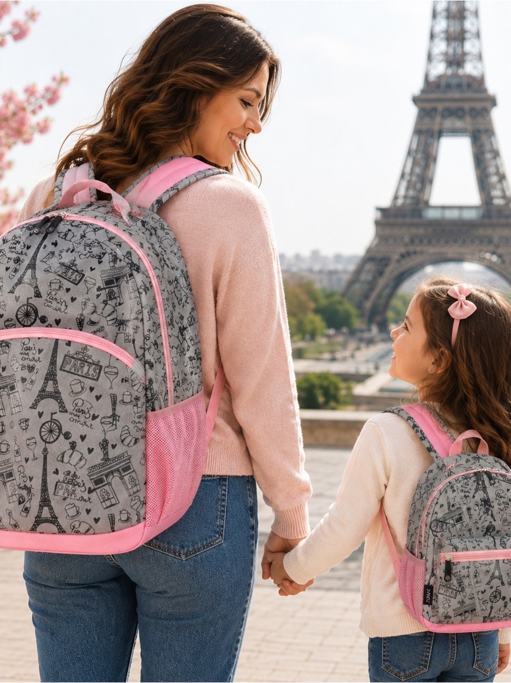 Paris Eiffel Tower Mommy & Me Backpack Set Canvas Travel Bags NWT Set of 2